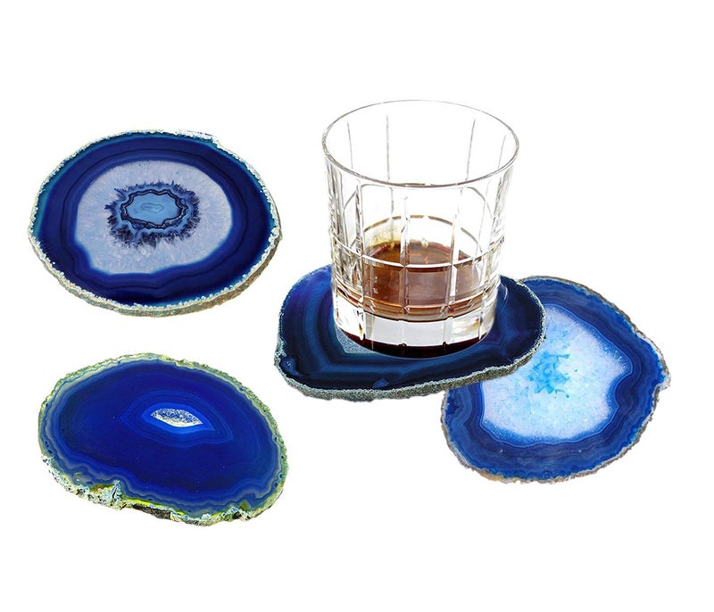 AMOYSTONE Blue Agate Coasters Set of 4, 3.5-4 Inch Polished Gemstone Coasters with Rubber Bumpers, Elegant Wedding Gift for Couples, Home Bar Decor - Image 1